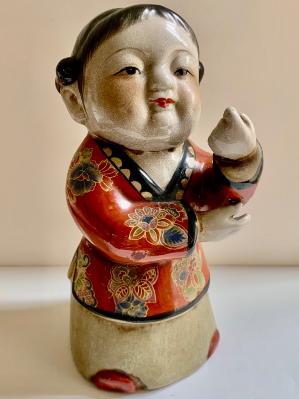Chinese Ceramic Girl Figurine | Hand-Painted Floral Robe | Asian Decor | Vintage